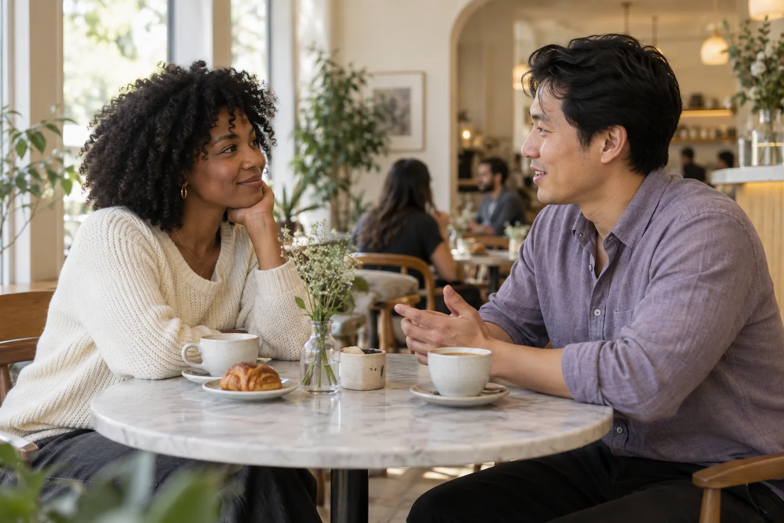 AI-generated scene: two adults listening to each other in a cafe