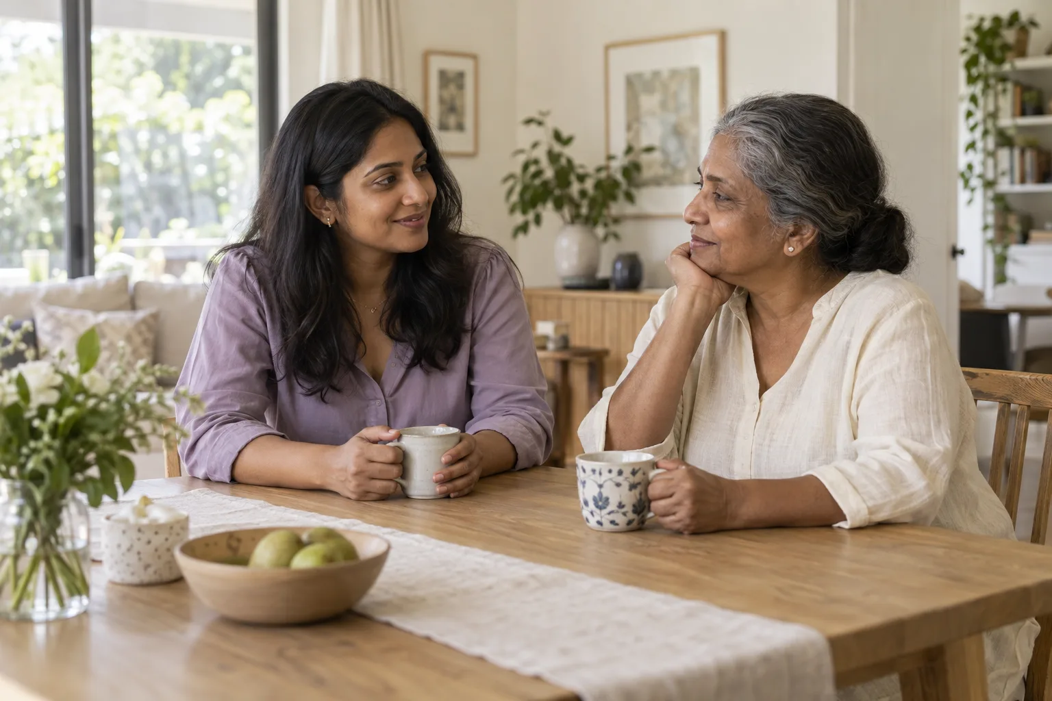 AI-generated scene: an adult daughter talking with her mother at home