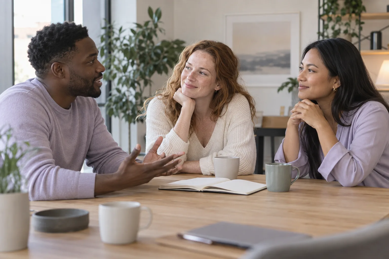 AI-generated scene: three colleagues having a thoughtful conversation